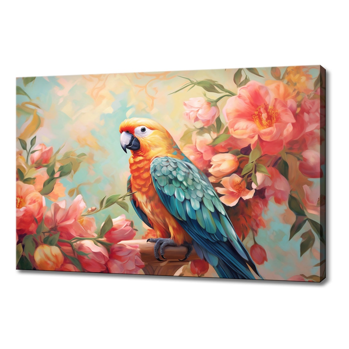 Colorful Parrot Perched Among Pink Blossom Flowers Painting Poster
