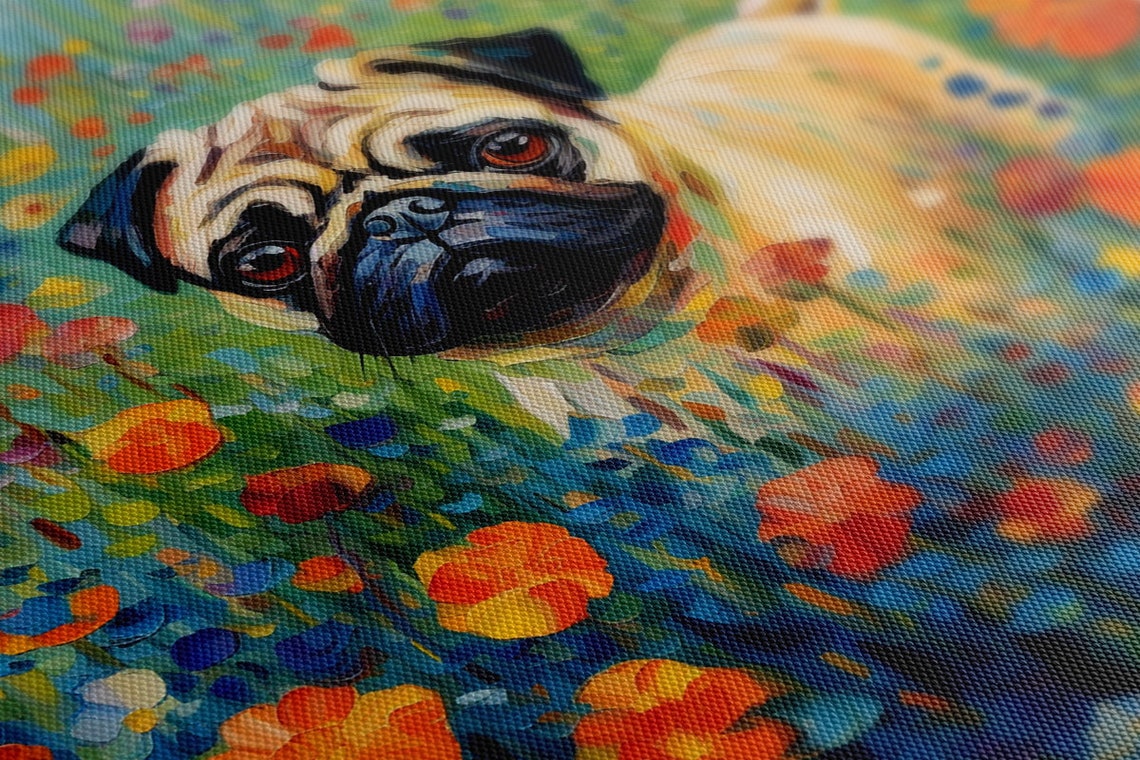Cute Pug Dog In Flowers Field Animal Print Gift For Pug Dog Lover Colourful Dog Portrait Painting Print Dog Pet Wall Art - Image 2