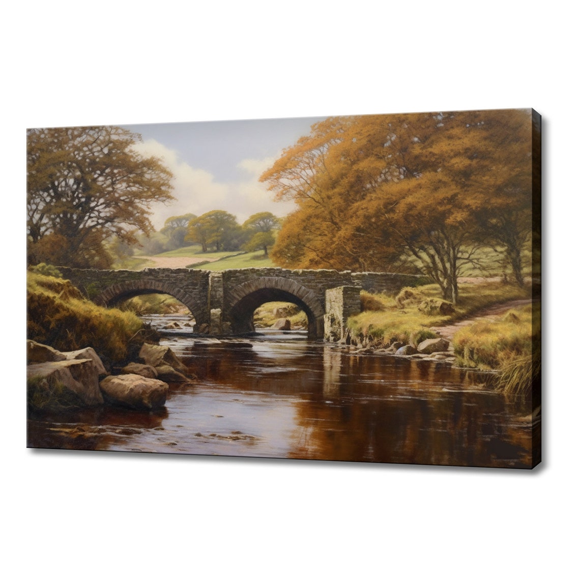 Old Stone Arch Bridge River Autumn Trees Golden Countryside Poster