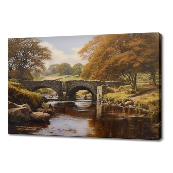 Bridge Over The River Vintage Countryside Painting Style Print Farmhouse Decor Art Nature Picture Wall Hanging Fine Art Print