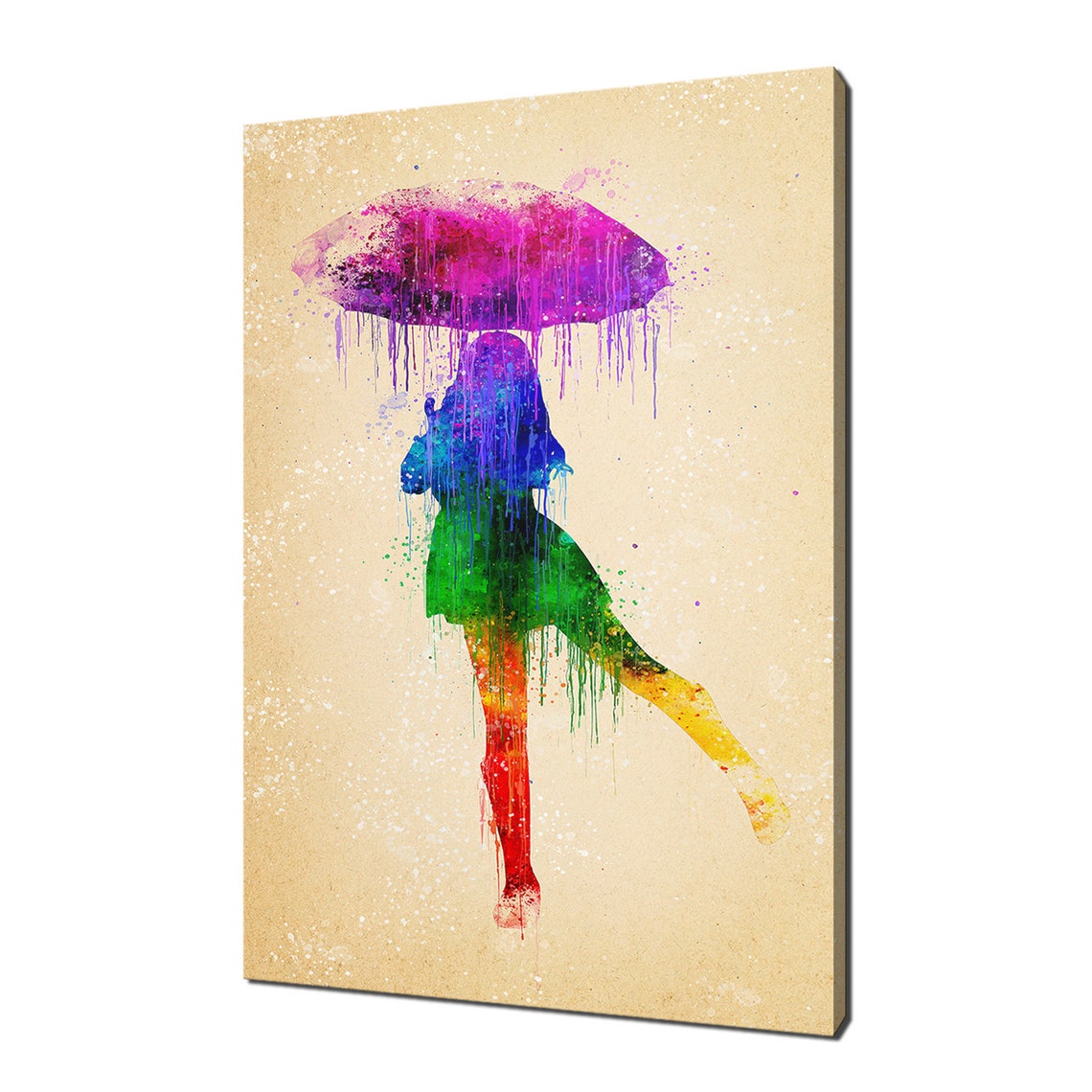 Girl With Umbrella Colourful Rainbow Watercolour Modern Design Home Decor Print Wall Art Picture