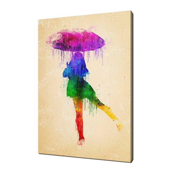 Girl With Umbrella Colourful Rainbow Watercolour Modern Design Home Decor Print Wall Art Picture