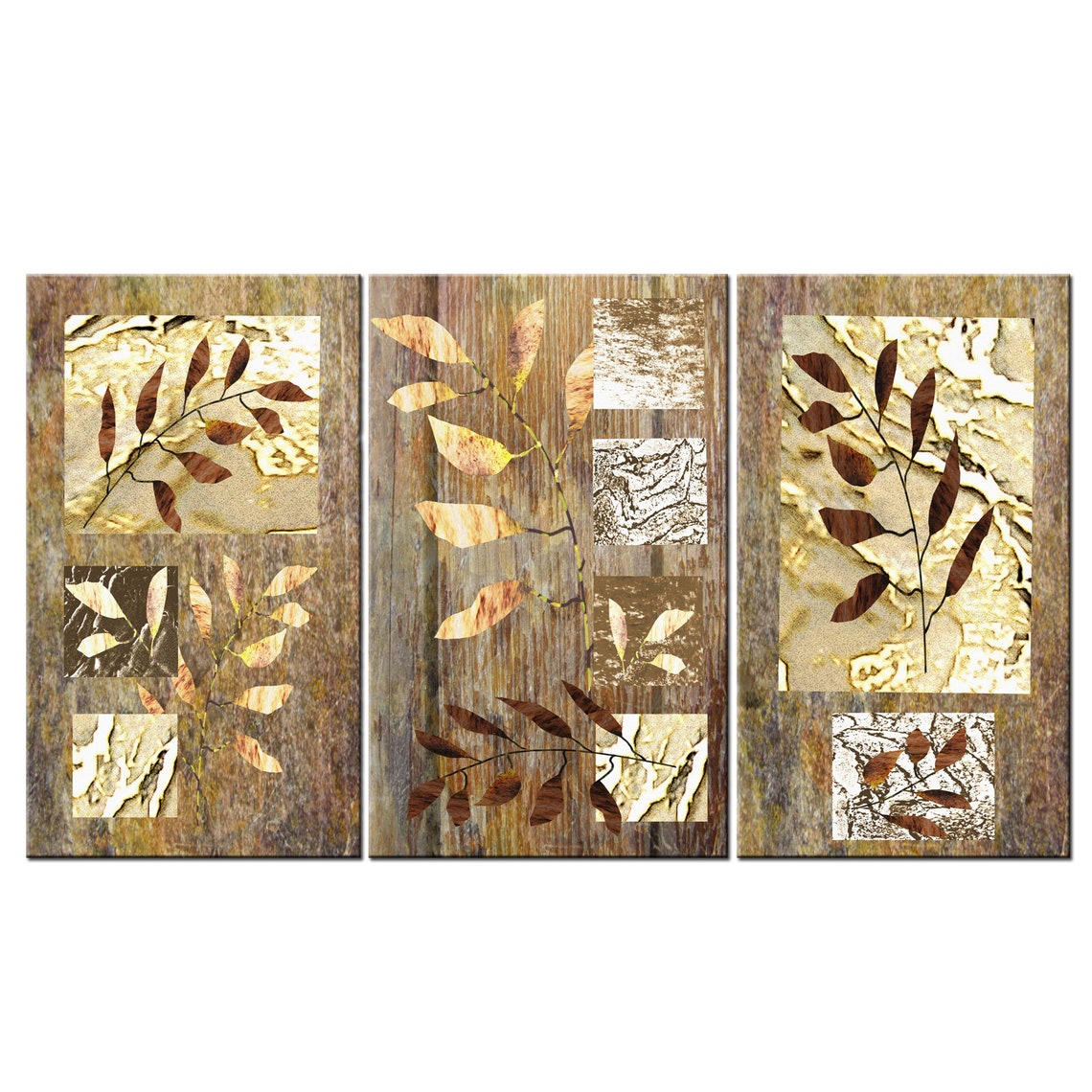 Golden Autumn Leaves Triptych 3 Panel Botanical Collage Wall Art