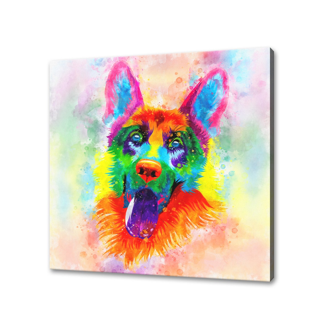 German Shepherd Rainbow Watercolor Playful Tongue Out Portrait Poster