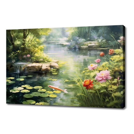 Fish In The Pond Tranquil Painting Style Print Farmhouse Decor Art Neutral Nature Picture Wall Hanging Fine Art Vintage