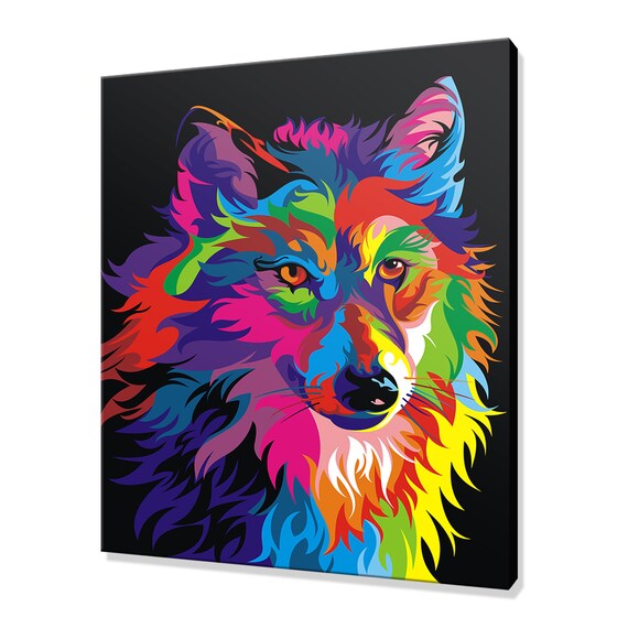 Colourful Wolf Head Portrait Abstract Black Background Wall Art Poster