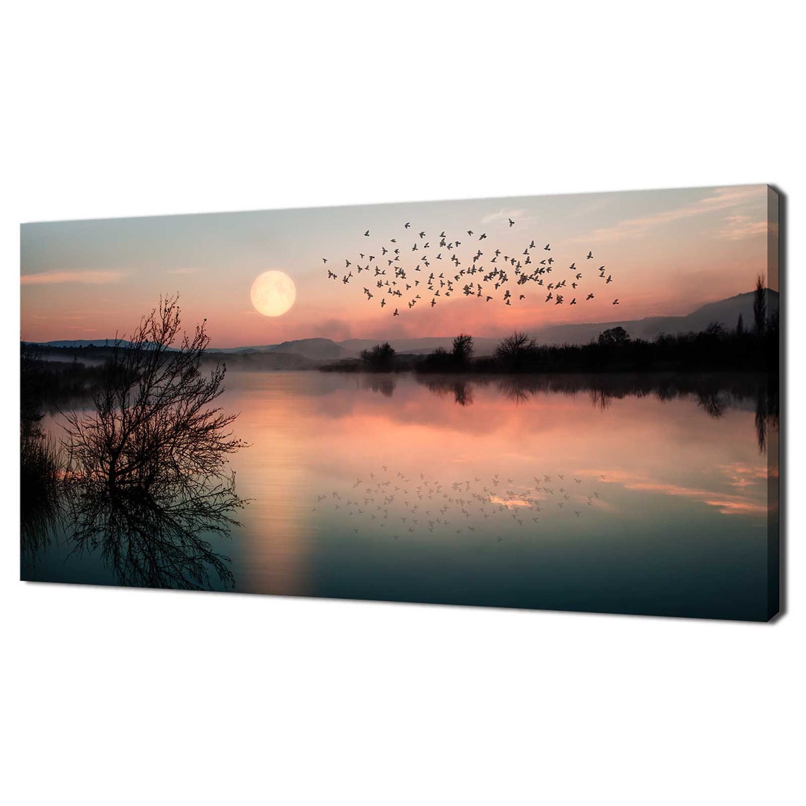 Birds Flying Lake Sunset Panoramic Mirror Water Silhouette Art Poster
