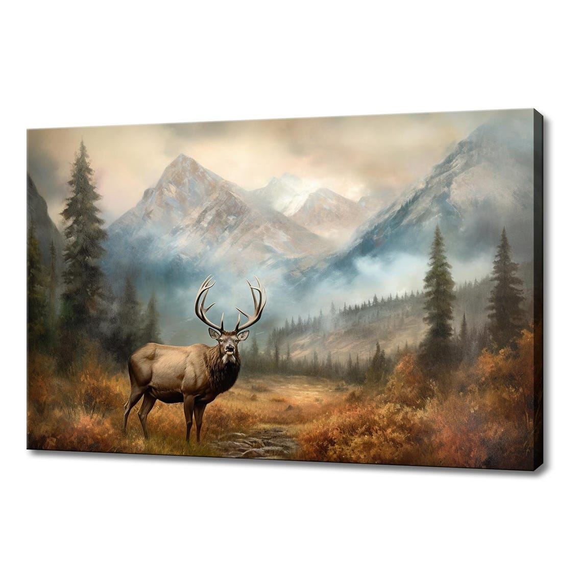 Bull Elk In Misty Autumn Valley Mountain Backdrop Vintage Art Poster