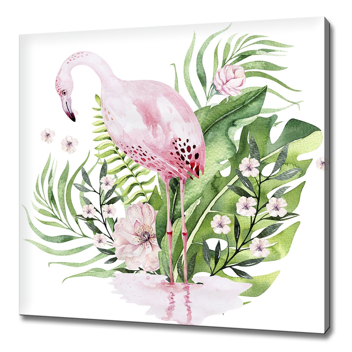 Pink Flamingo Watercolor With Tropical Leaves And Flowers Print