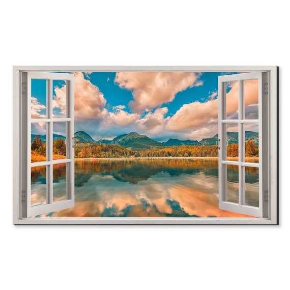 Cloudy Sunset Over The Lake Mountains Window View Window Frame Style Modern Design Home Decor Print Wall Art Picture Ready To Hang