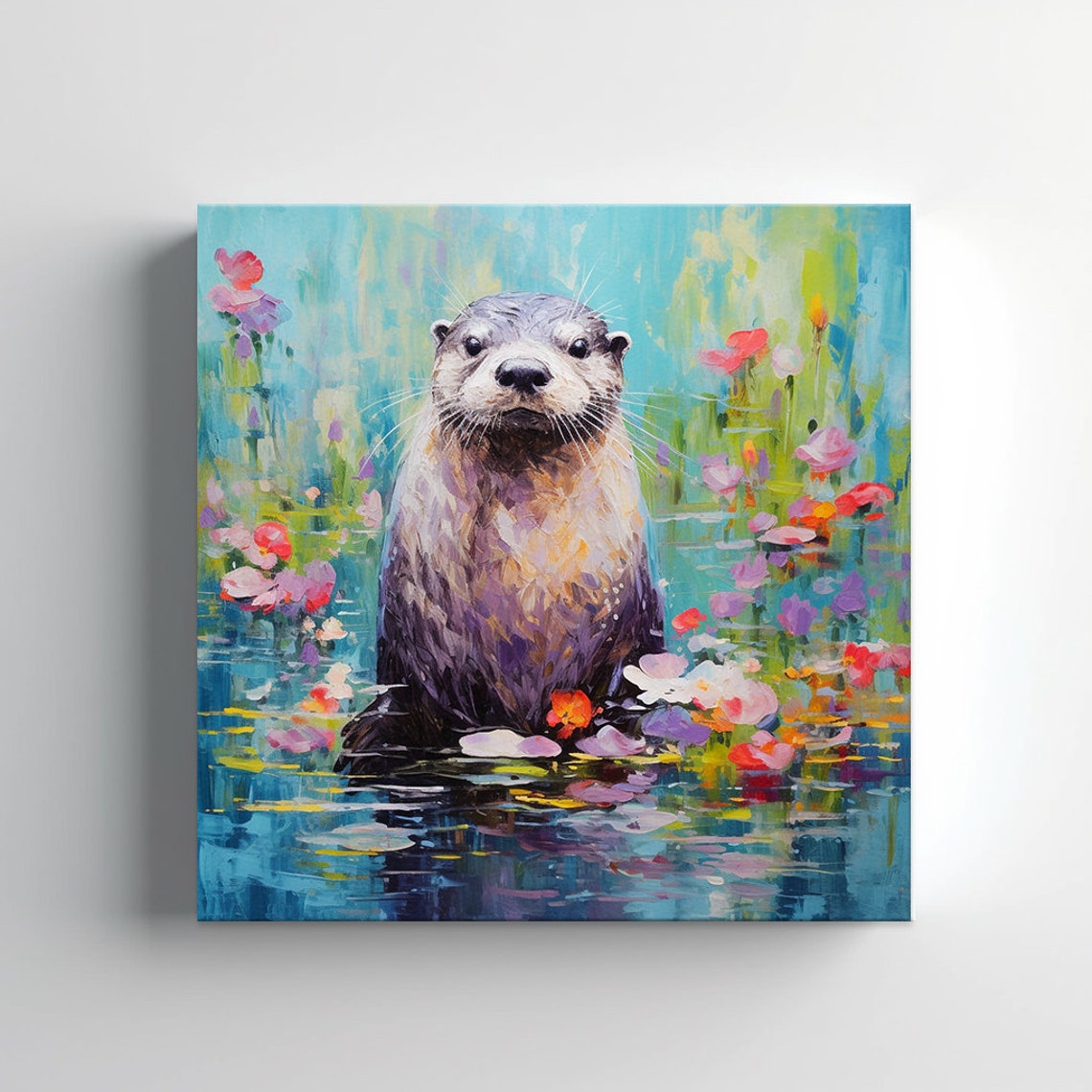 Cute Otter Among Floating Flowers Turquoise Water Painting Poster - Image 2
