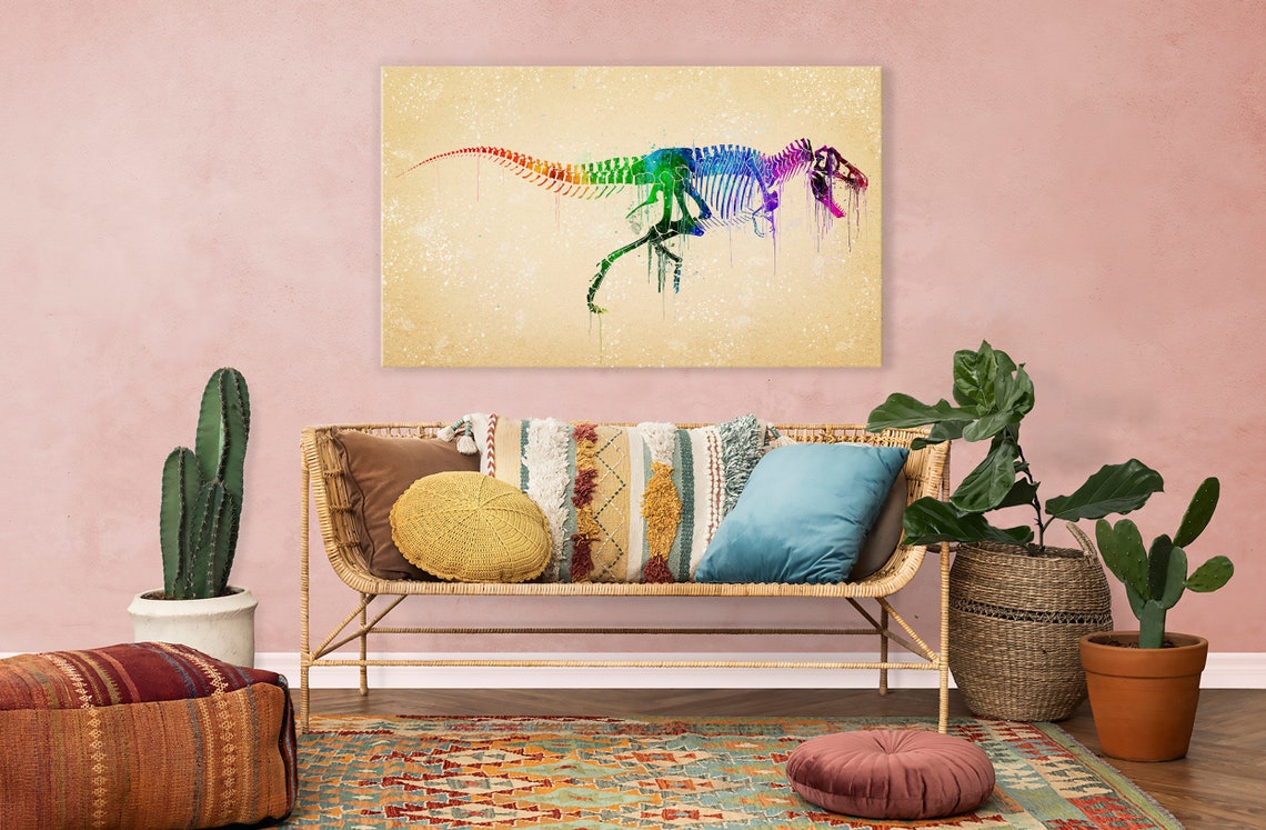 Rainbow Watercolor T Rex Skeleton Dinosaur Kids Room Art Wall Poster - Image 2