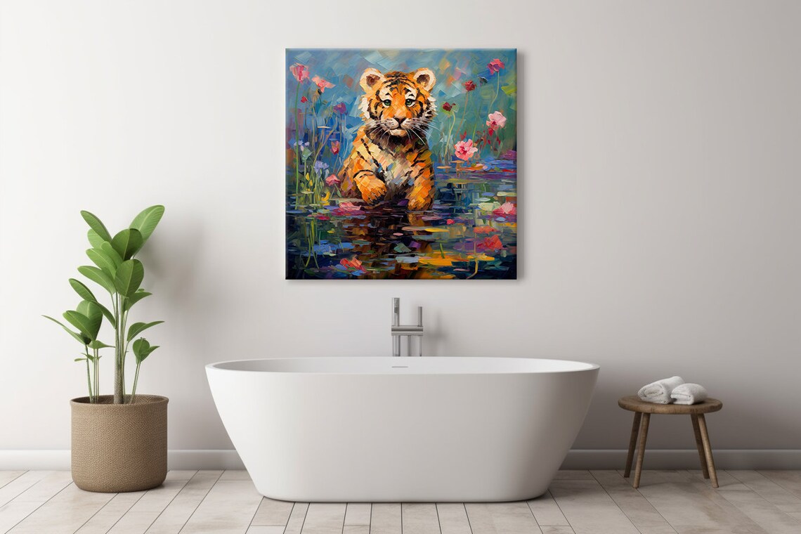 Tiger Cub Wading In Lily Pond Pink Blossoms Colorful Painting Poster - Image 4