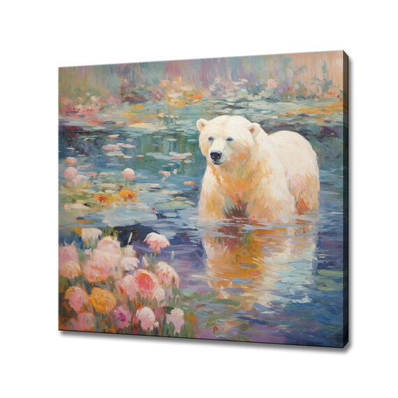Polar Bear Swimming Among Water Lilies Pink Flowers Painting Poster