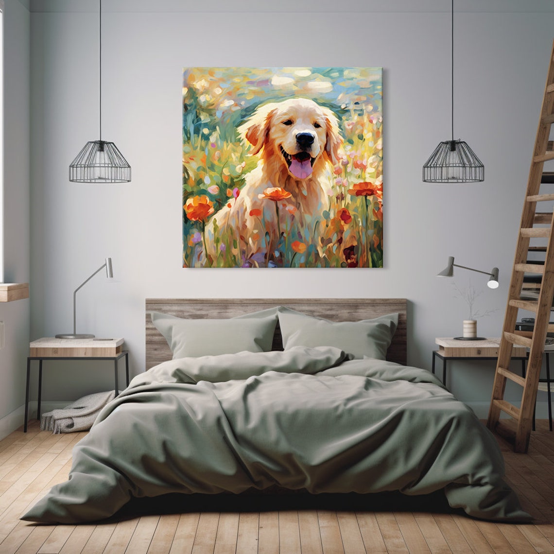 Cute Golden Retriever Puppy Print Gift For Golden Retriever Dog Lover Colourful Dog Portrait Painting Print Dog Pet Wall Art - Image 2