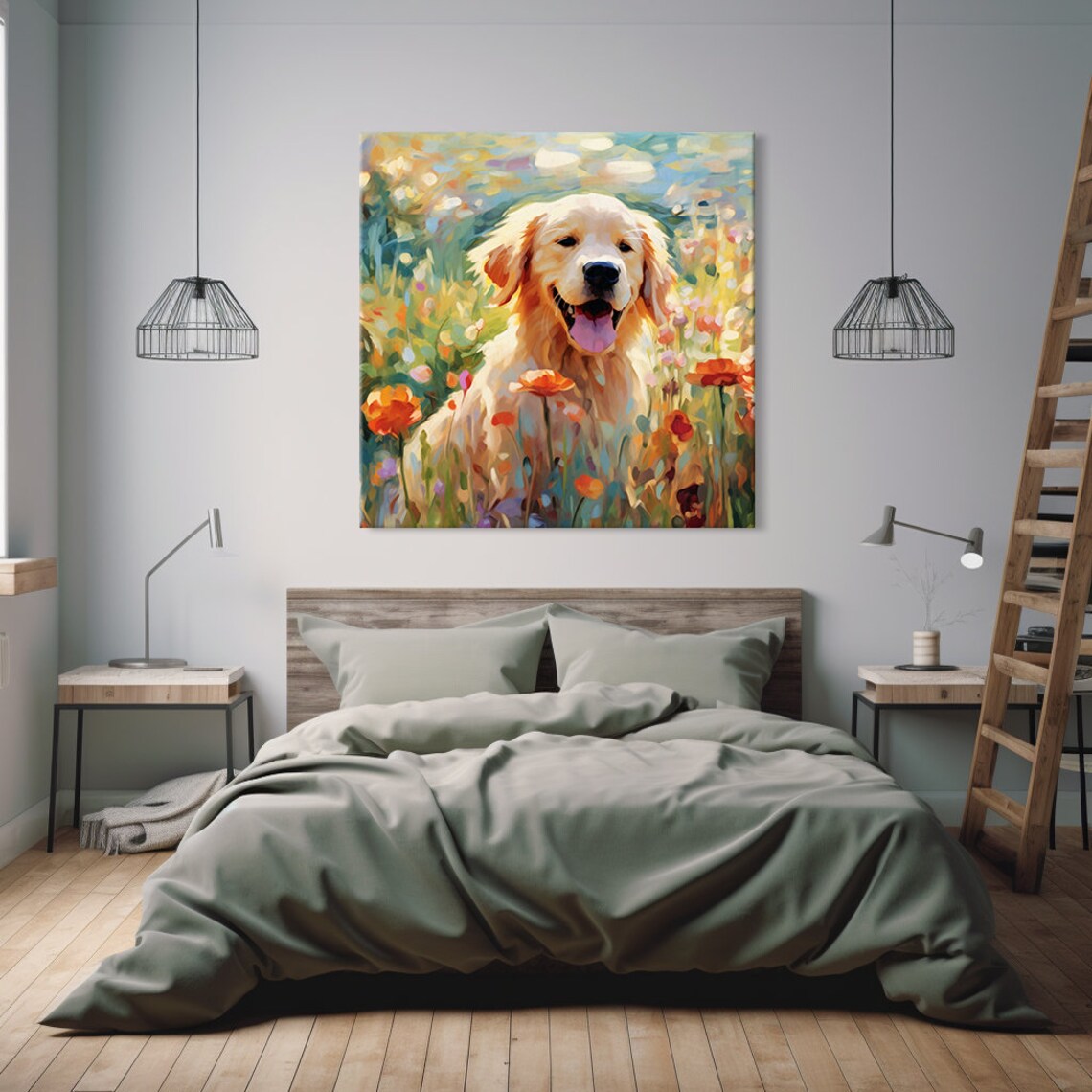 Happy Golden Retriever Puppy Wildflower Meadow Colorful Pet Print - Image 2