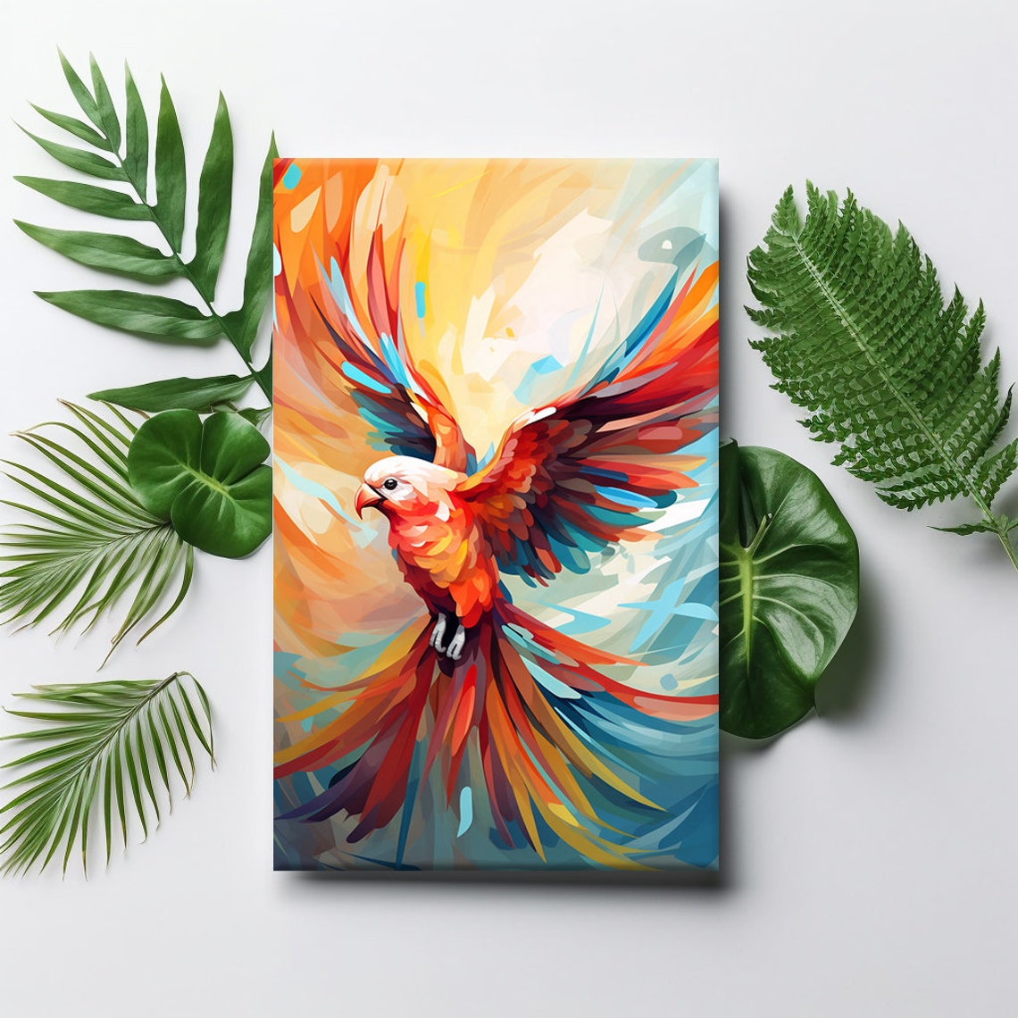 Fiery Parrot In Flight Swirling Orange Teal Abstract Bird Art Print - Image 4