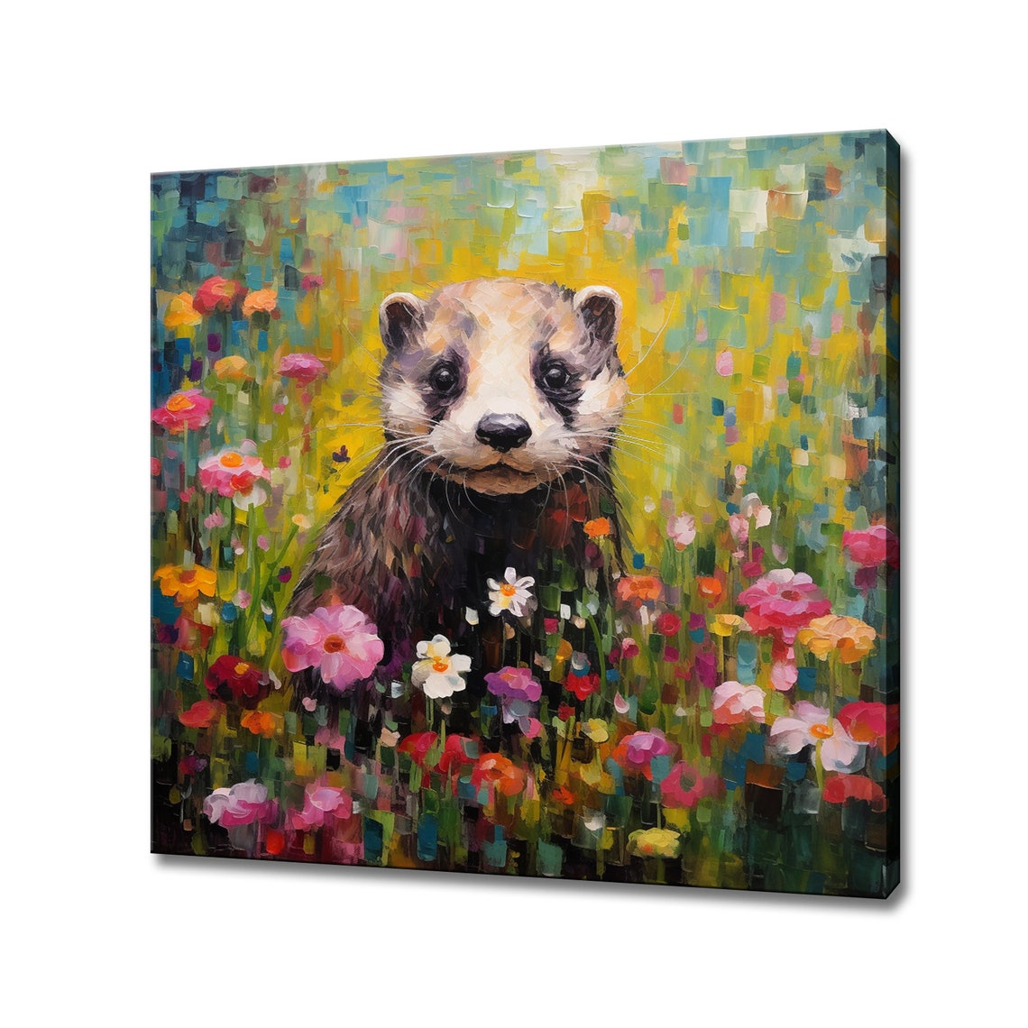 Cute Ferret In A Colorful Summer Flower Meadow Painting Poster