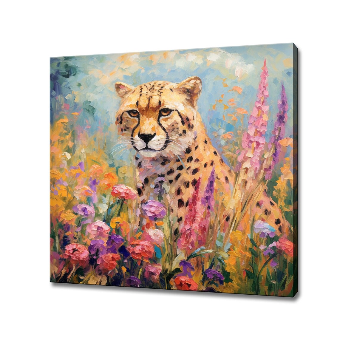 Cheetah Sitting in Colorful Wildflower Field Impressionist Painting Art Print