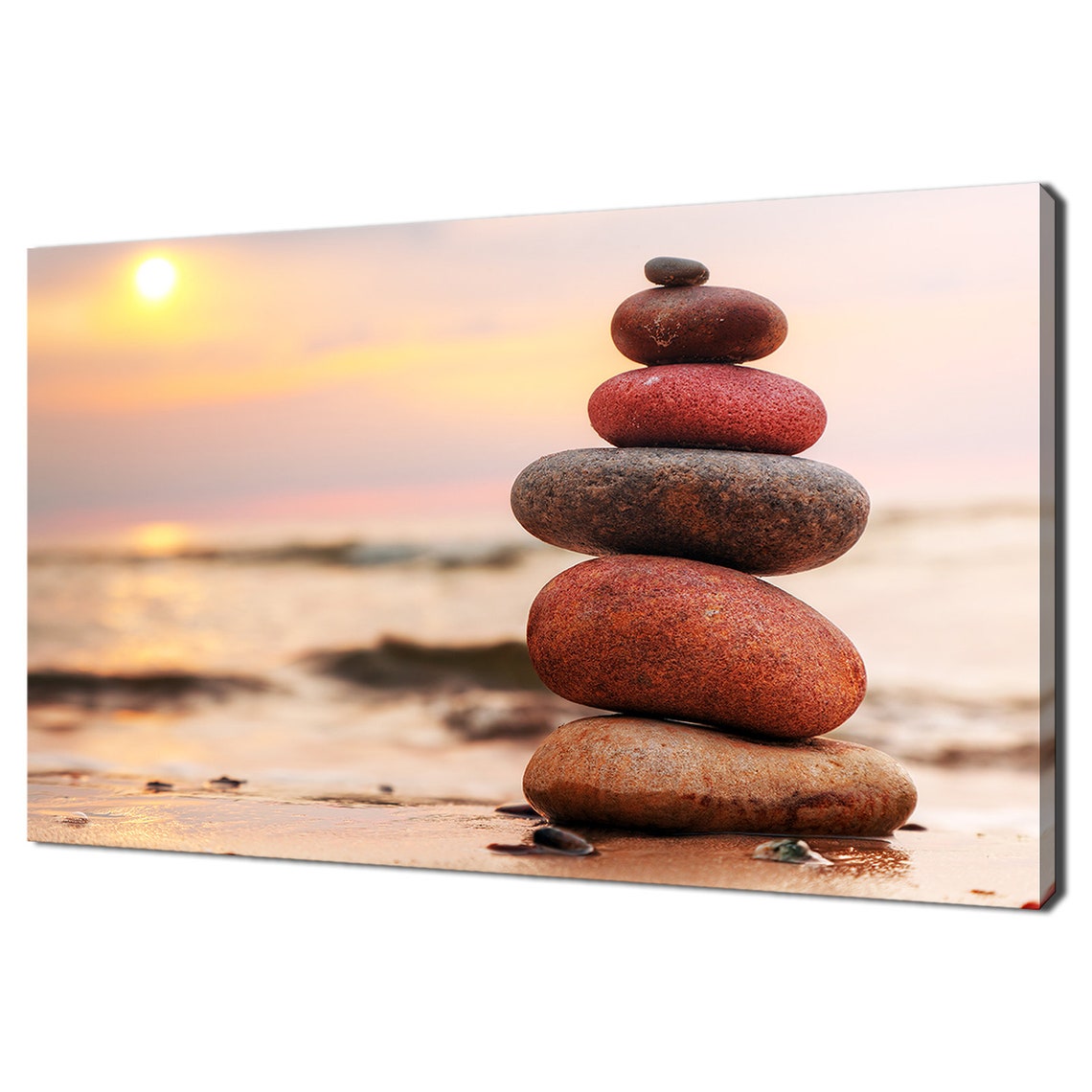 Balancing Zen Stones Cairn Stack on Beach at Sunset Photo Poster