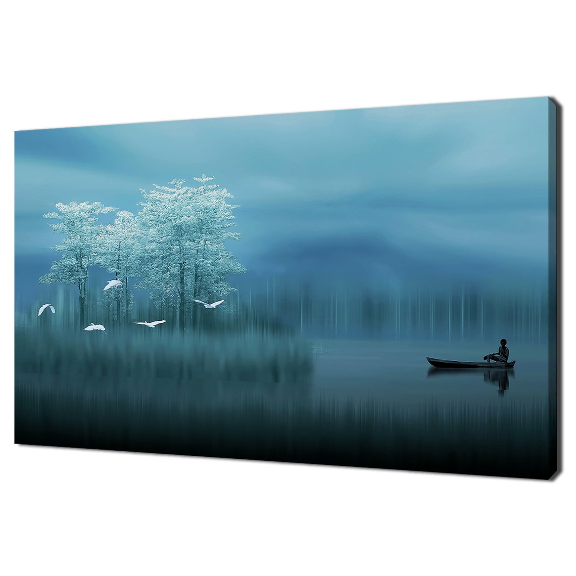 Dreamy Blue Lake Fisherman Canoe White Birds Serene Water Poster