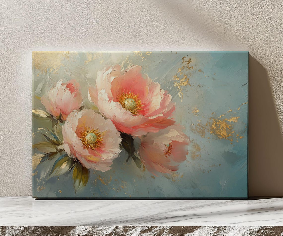 Blush Pink Peonies Gold Leaf Accents Teal Painterly Floral Art Poster - Image 3