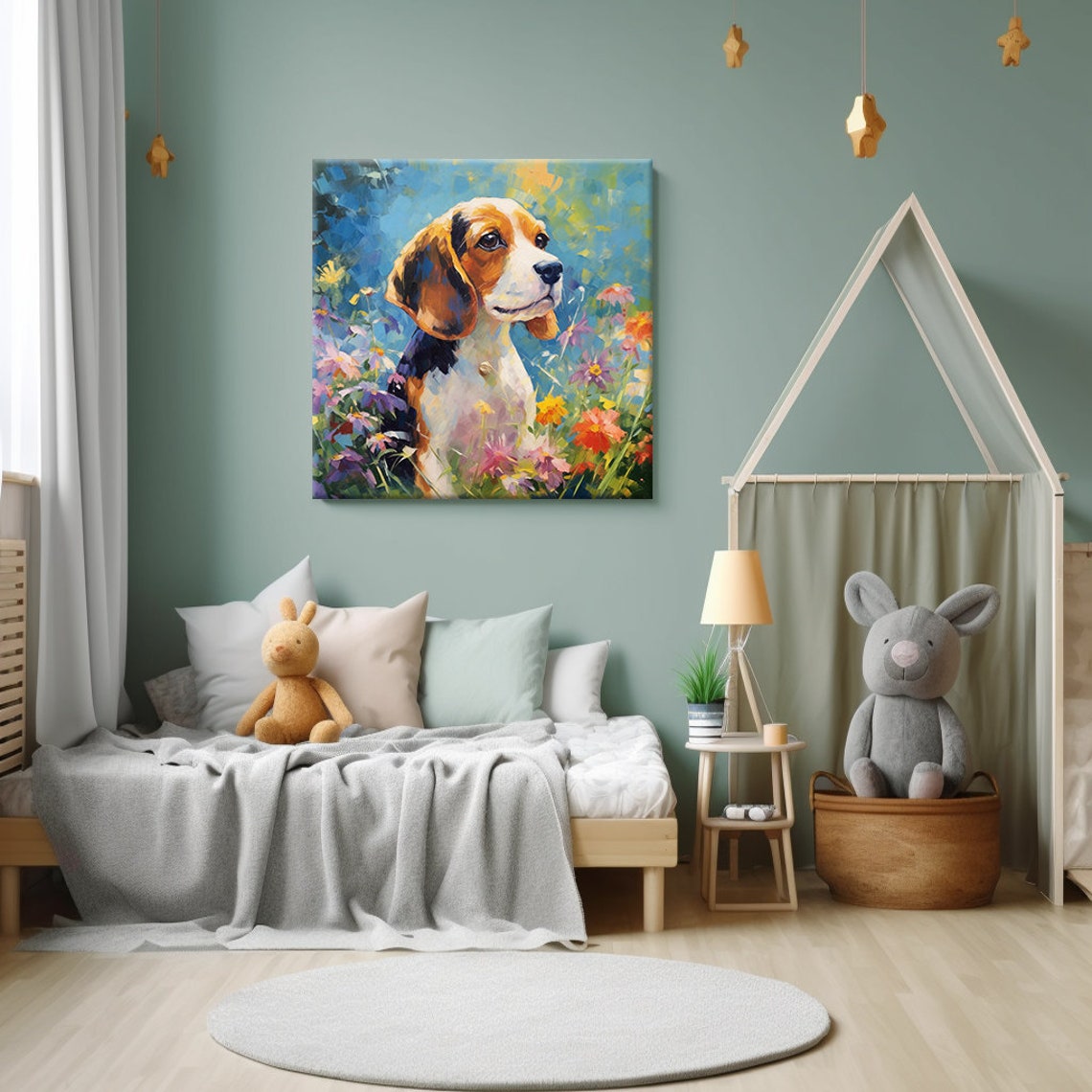 Beagle Puppy Portrait In Wildflower Field Colourful Painterly Poster - Image 4