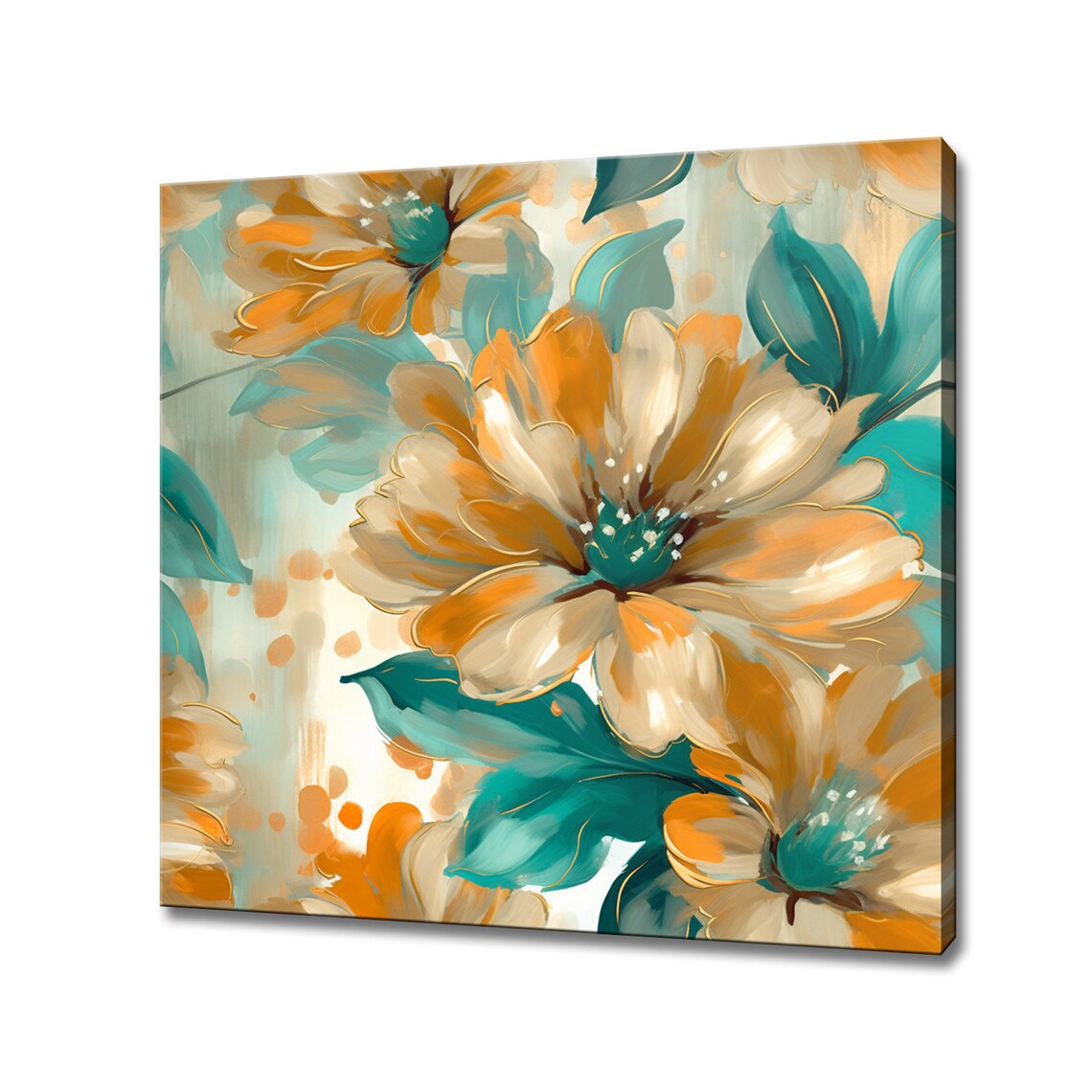 Pastel Orange and Teal Flowers, Oil Painting Art Print