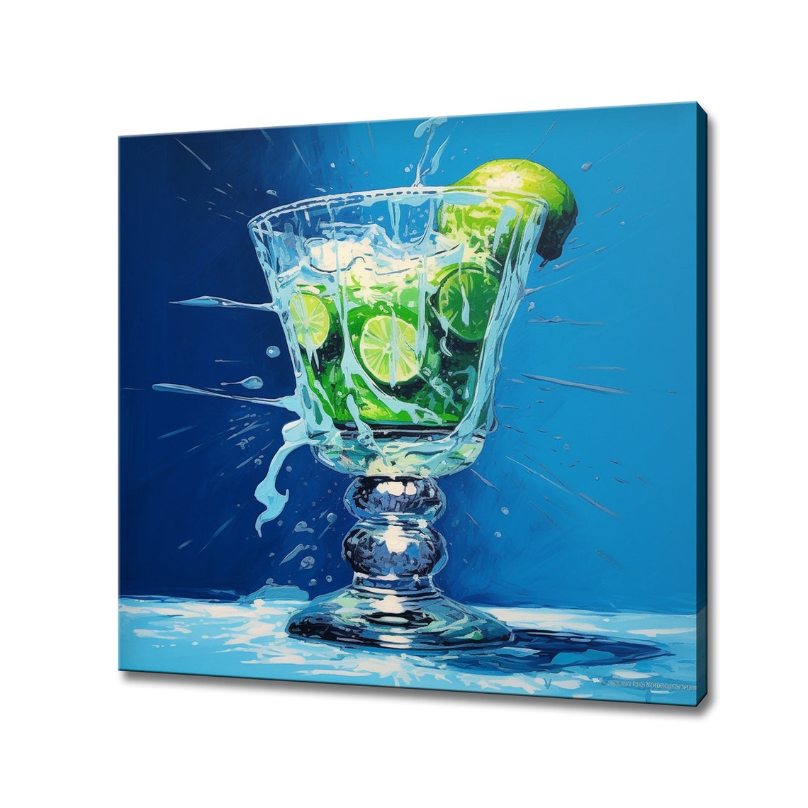 Green Lime Cocktail Glass Splash Blue Refreshing Drink Art Poster