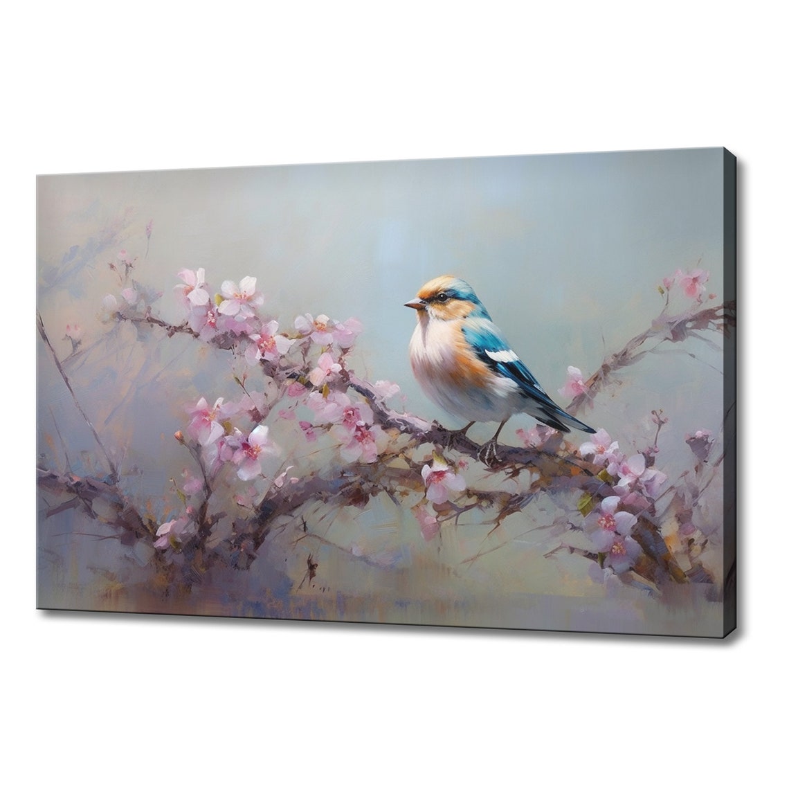 Tiny Yellow Blue Songbird Cherry Blossom Branch Misty Art Poster