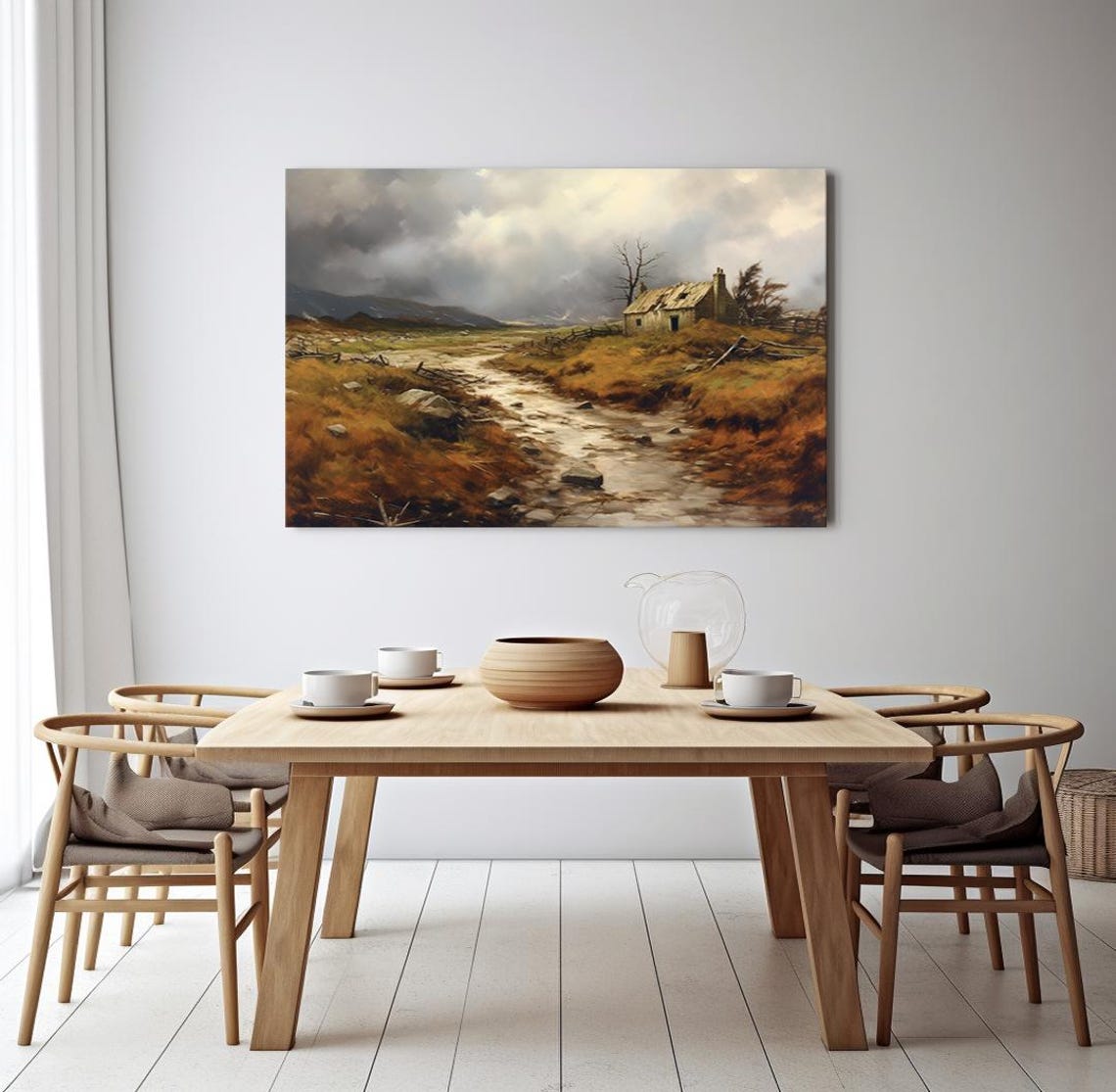 Old Stone Cottage On Windswept Moor Storm Clouds Stream Vintage Poster - Image 3