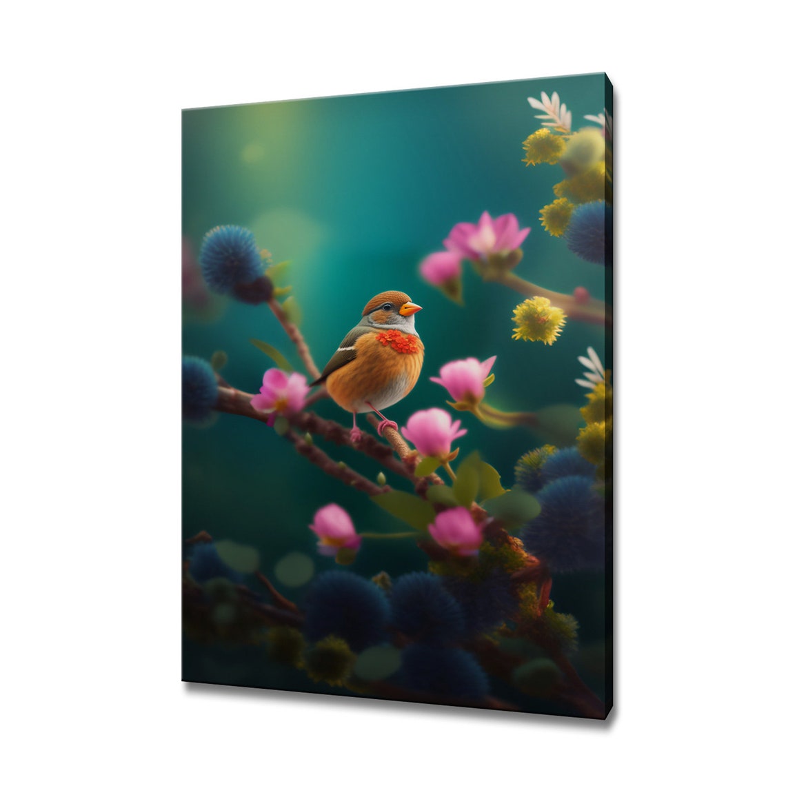 Cute Songbird On Pink Blossom Branch Dreamy Garden Bird Photo Poster