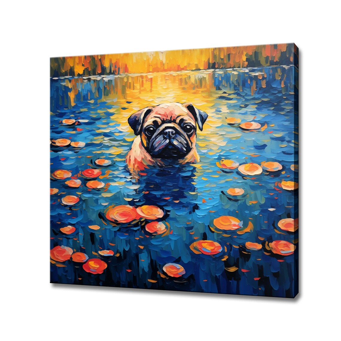 Pug Dog Swimming Among Lily Pads Golden Sunset Oil Painting Poster