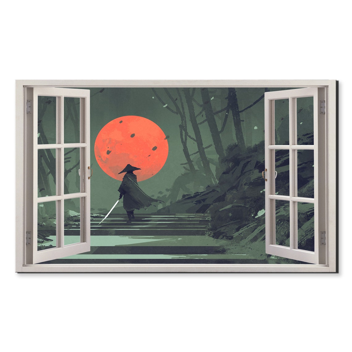 Samurai Warrior Red Moon Bamboo Forest Open Window Art Wall Poster