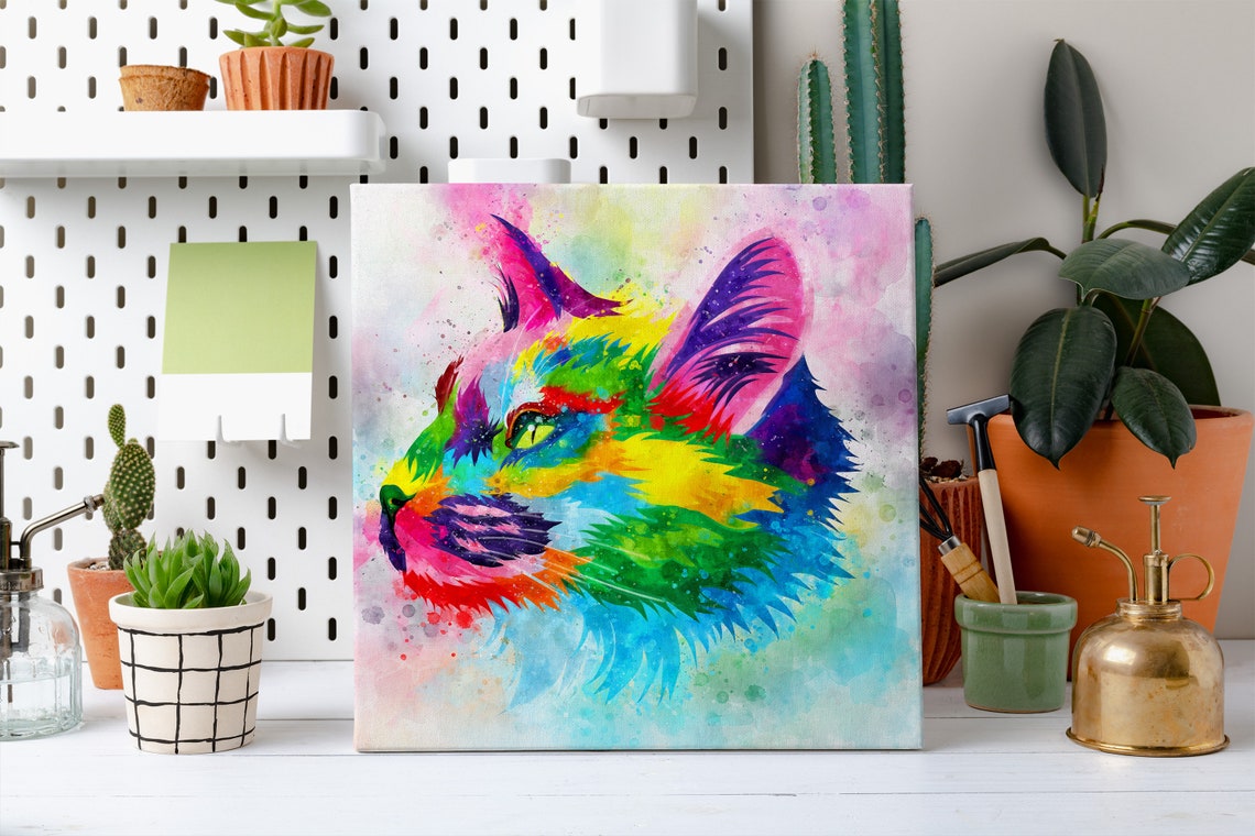 Kitten Rainbow Watercolor Fluffy Cat Head Profile Close Up Poster - Image 2