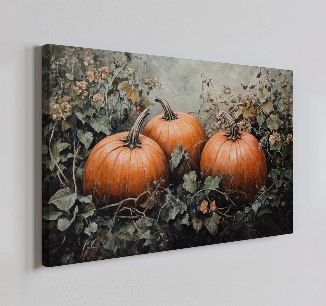 Orange Pumpkins Autumn Halloween Vintage Moody Painting Style Print Farmhouse Decor Art Nature Picture Wall Hanging Fine Art Print