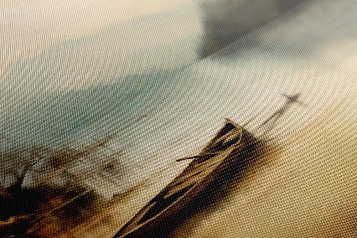 Boat On The Foggy Lake Vintage Landscape Muted Painting Style Print Farmhouse Decor Art Picture Wall Hanging Fine Art Print - Image 2