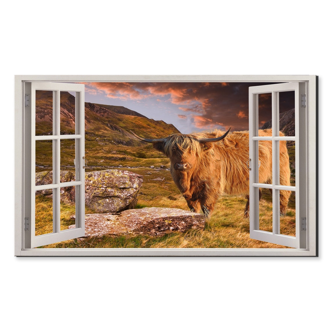 Scottish Highland Cow Shaggy Cattle Valley Sunset Window View Poster