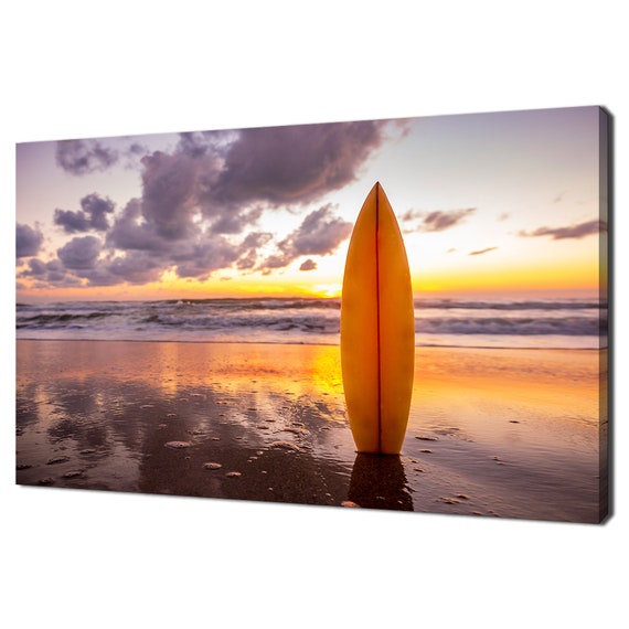 Surfboard On The Beach At Sunset Seascape Modern Design Decor Print Wall Art Picture