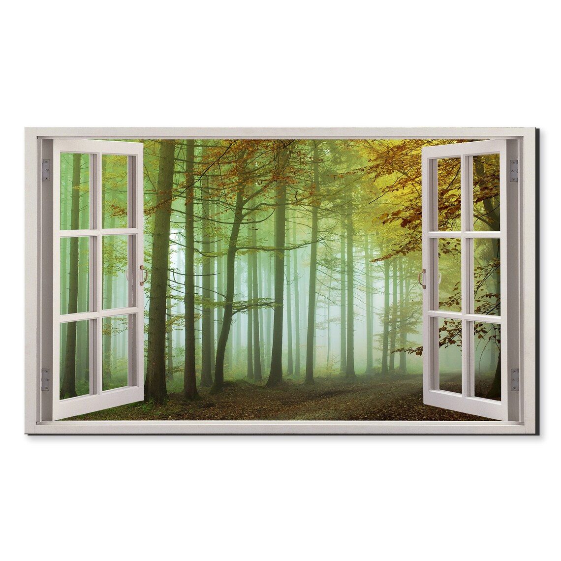 Green Foggy Forest Landscape Window View Window Frame Style Modern Design Home Decor Print Wall Art Picture Ready To Hang