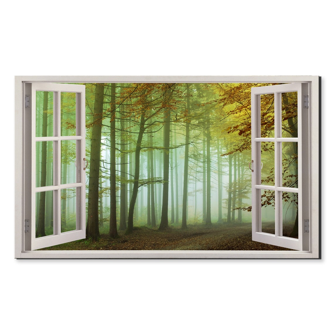 Misty Green Foggy Forest Through Open Window View Nature Poster