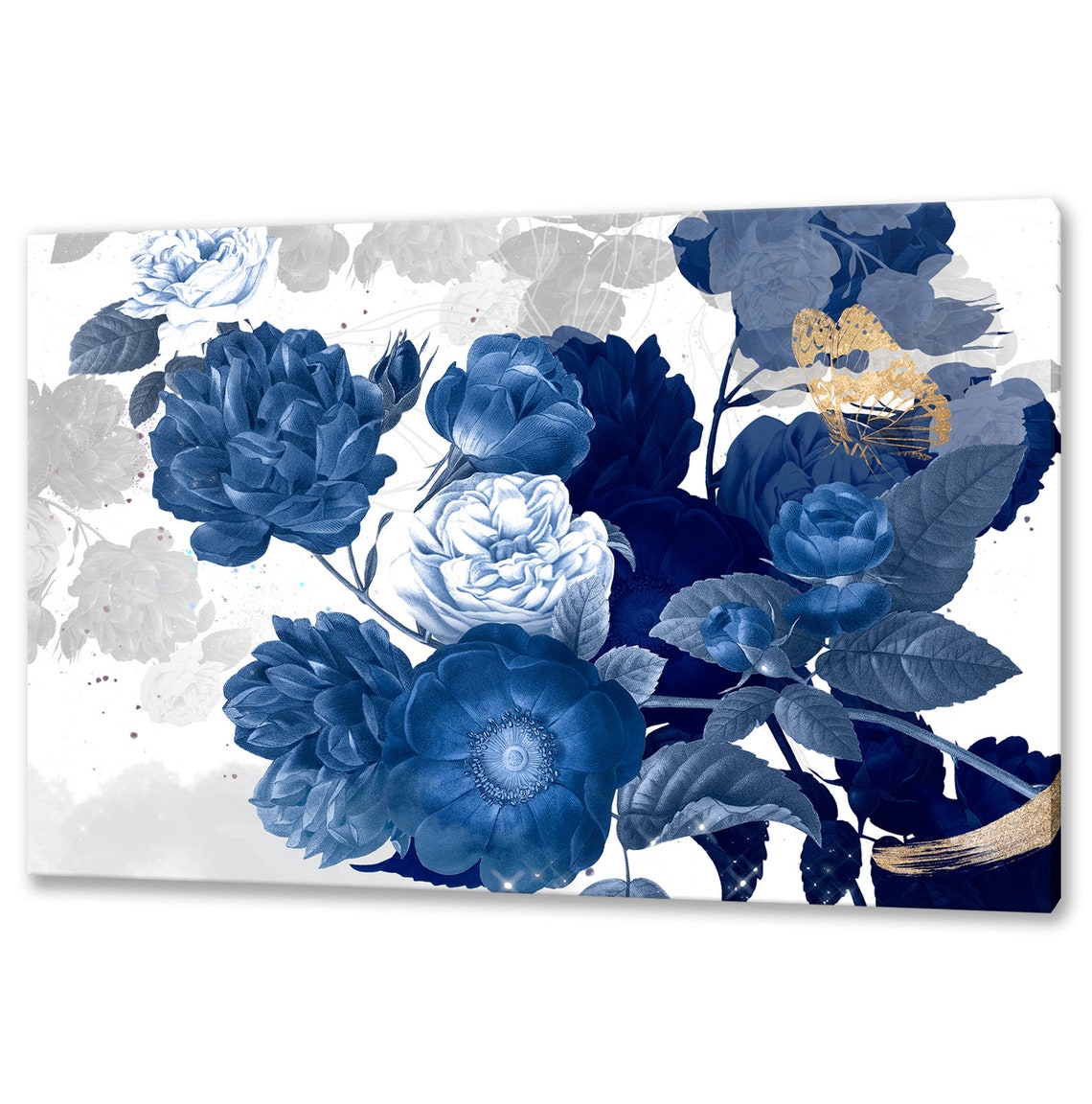 Beautiful Vintage Blue Flowers Golden Butterfly Modern Floral Design Home Decor Print Wall Art Ready To Hang