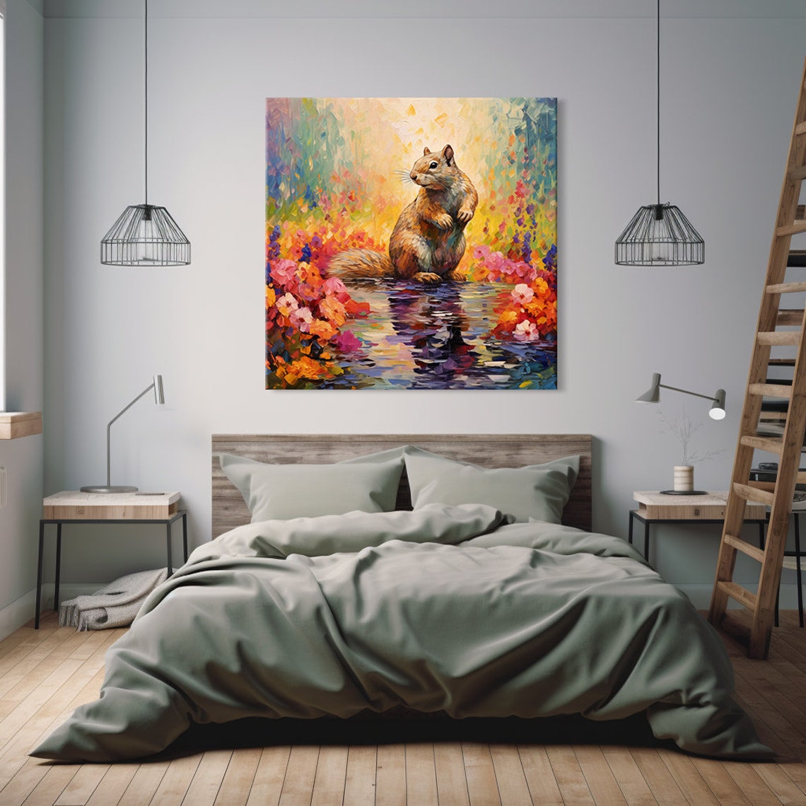 Squirrel By The Water With Colorful Flowers Wildlife Portrait Poster - Image 2