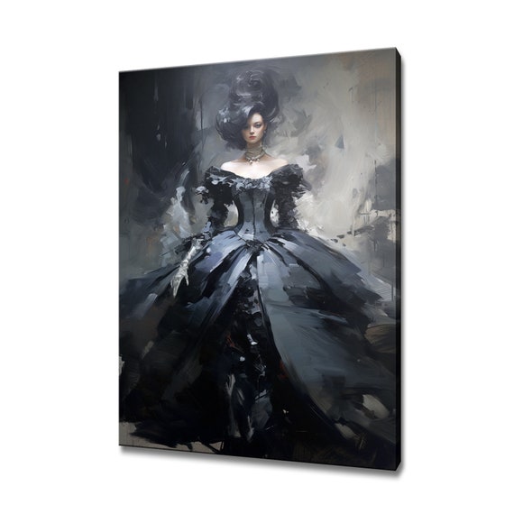 Elegant Lady In Black Silver Victorian Baroque Puffy Dress Painting Style Print Modern Home Decor Fashion Wall Art Gift For Her
