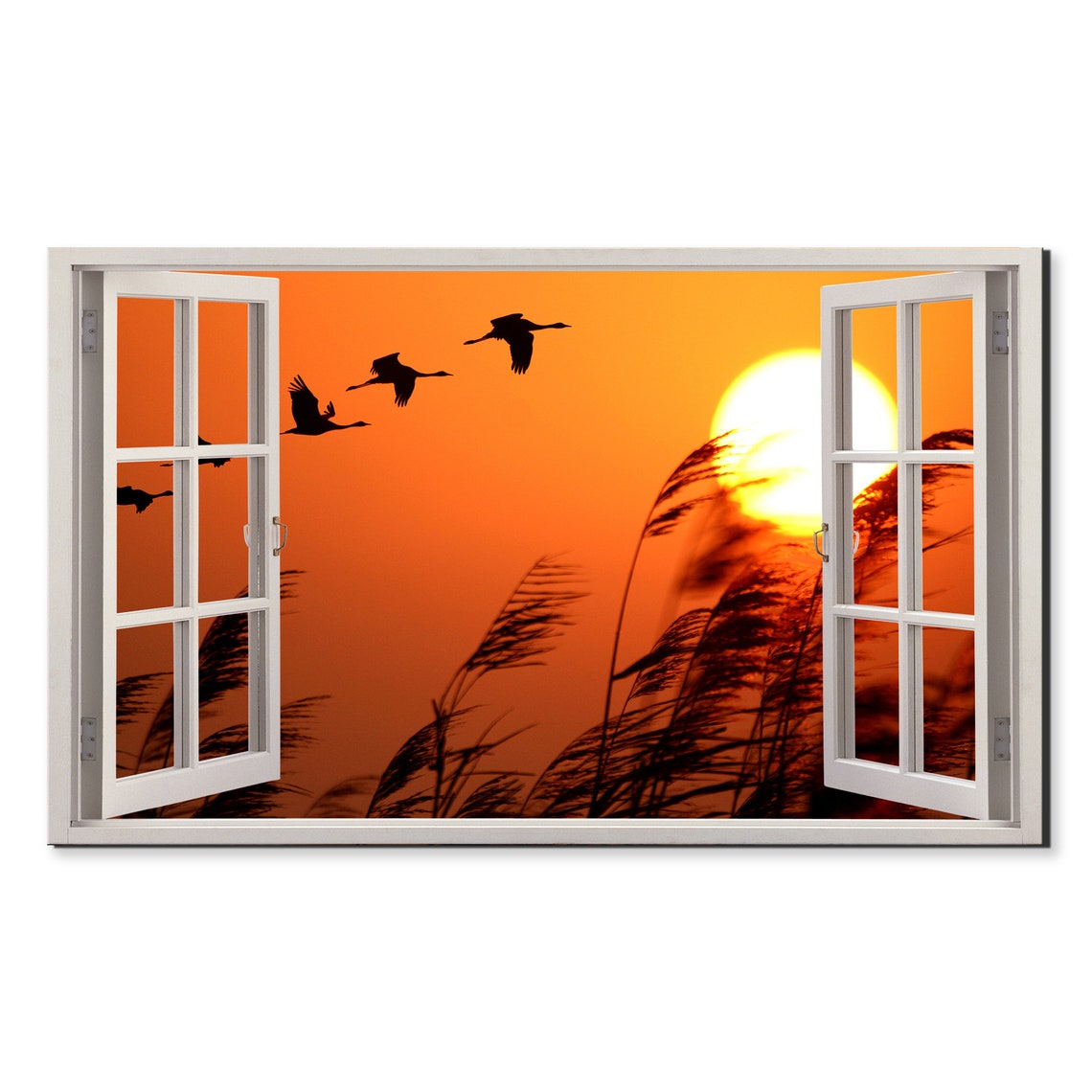 Open Window View Birds Flying At Fiery Orange Sunset Silhouette Poster