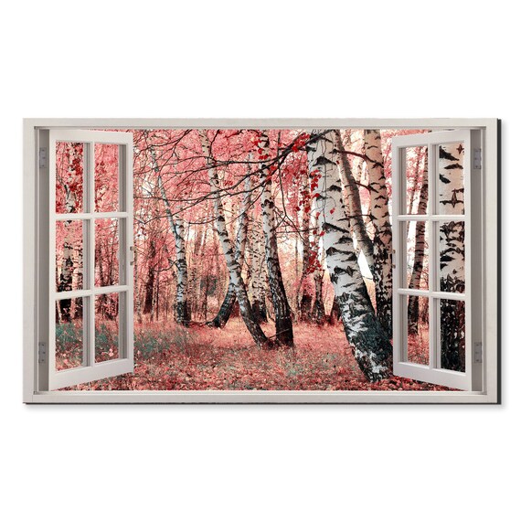 Pink Birch Grove Forest Window View Window Frame Style Modern Design Home Decor Print Wall Art Picture Ready To Hang