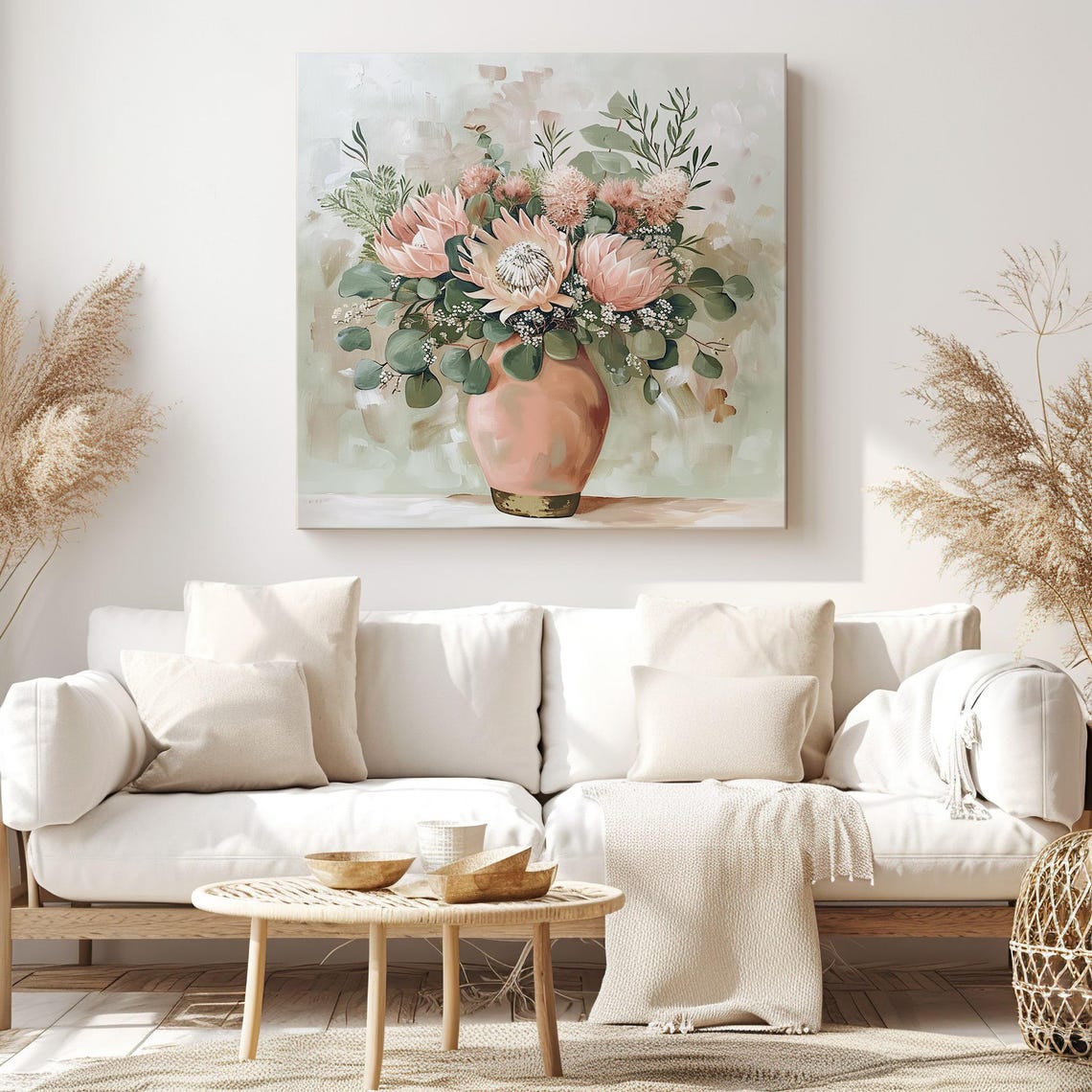 Blush Pink Protea Flowers Eucalyptus Terracotta Vase Painting Print - Image 3