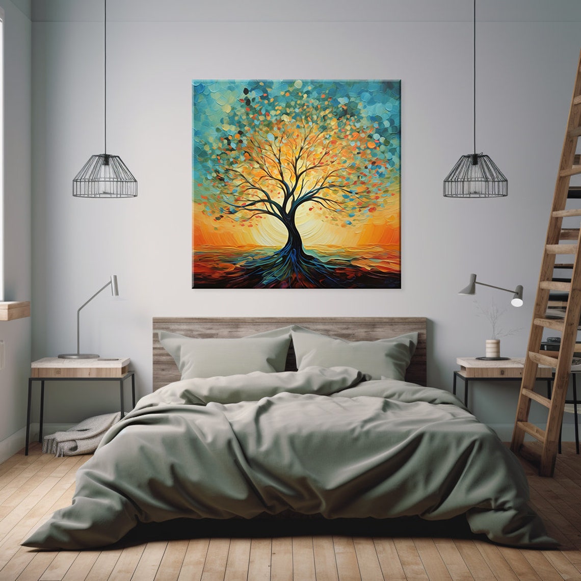 Tree Of Life Sunset Painting Rainbow Leaves Abstract Branch Poster - Image 2