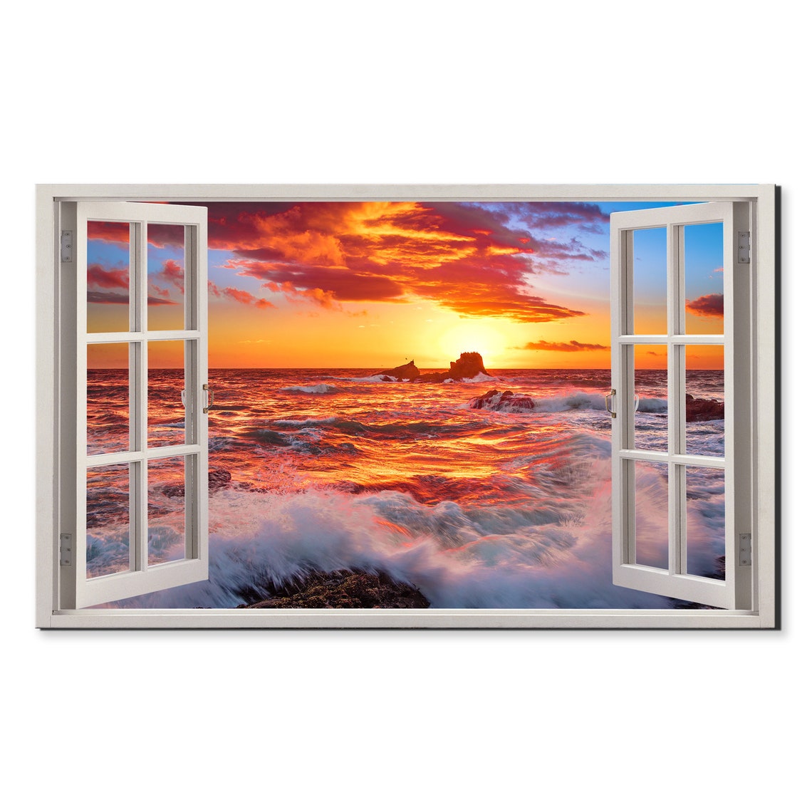 Ocean Sunset Waves Crashing Over Rocks Open Window View Poster