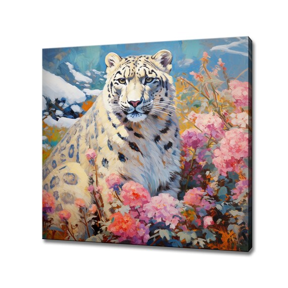 Snow Leopard Among Pink Blossoms Colorful Big Cat Wildlife Poster